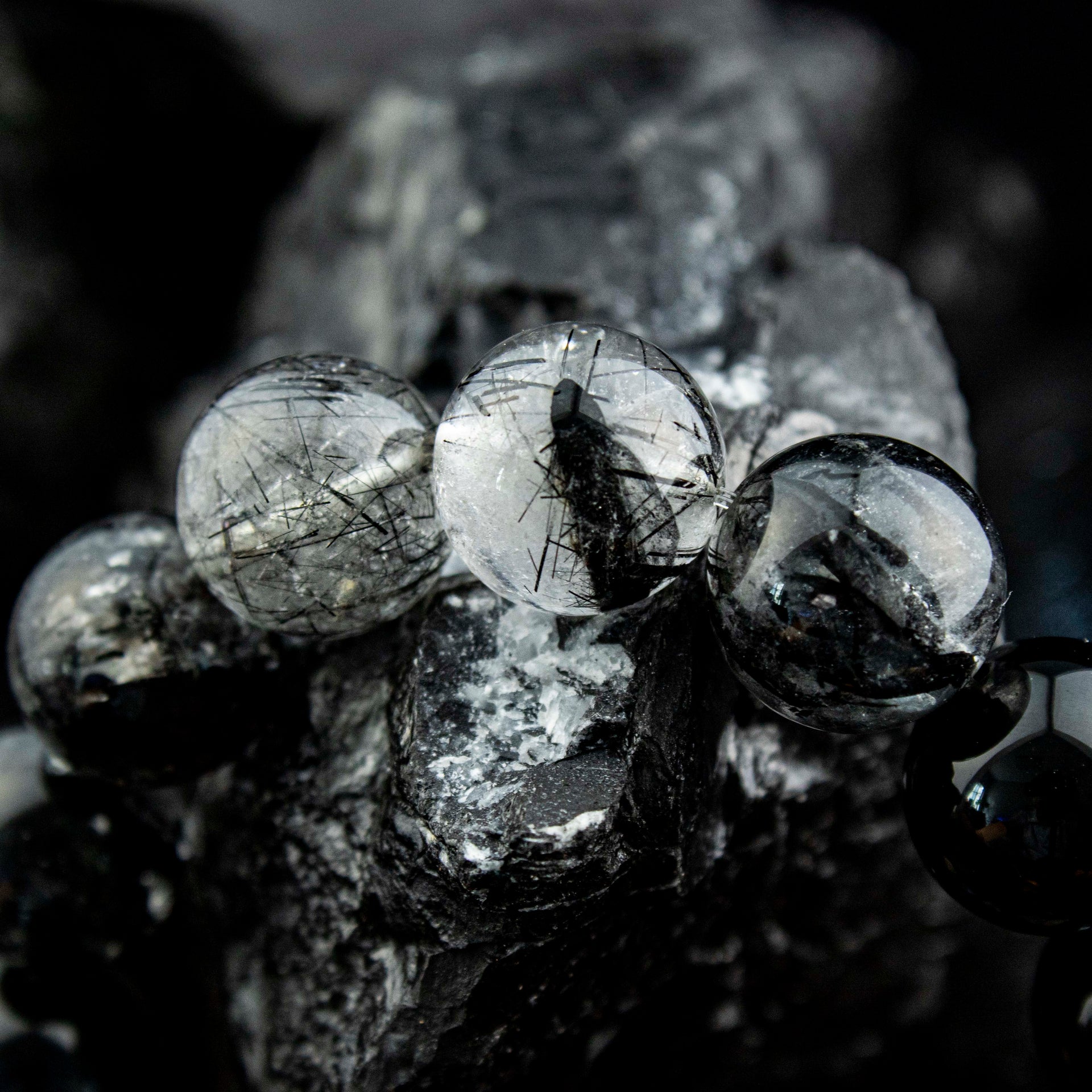 Abyssal Meridian Bracelet – Blue Tiger’s Eye, Black Rutilated, Sparkle Quartz & Gray Moonstone | 13–14mm Handmade Gift