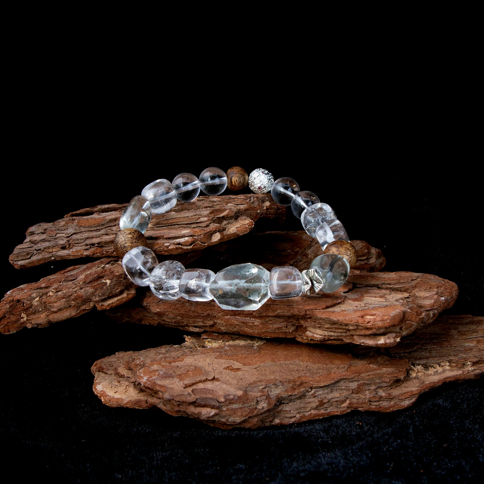 Auralyn Tarot The Star Clear & Green Quartz Crystal Bracelet, 12–13mm Clear Quartz with Oval Green Quartz, Irregular Green Phantom & Herkimer-Style Cube, Agarwood Bead, Tibetan Silver & Silver-Plated Accents, Handmade