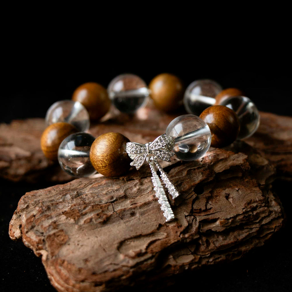 Auralyn Healing Butterfly Serenity Clear Quartz & Golden Phoebe Wood Bracelet, 16–17mm Natural Clear Quartz Beads with Silver-Plated Butterfly Charm, Handmade Mood-Healing Energy Jewelry for Clarity, Calm & Grounding