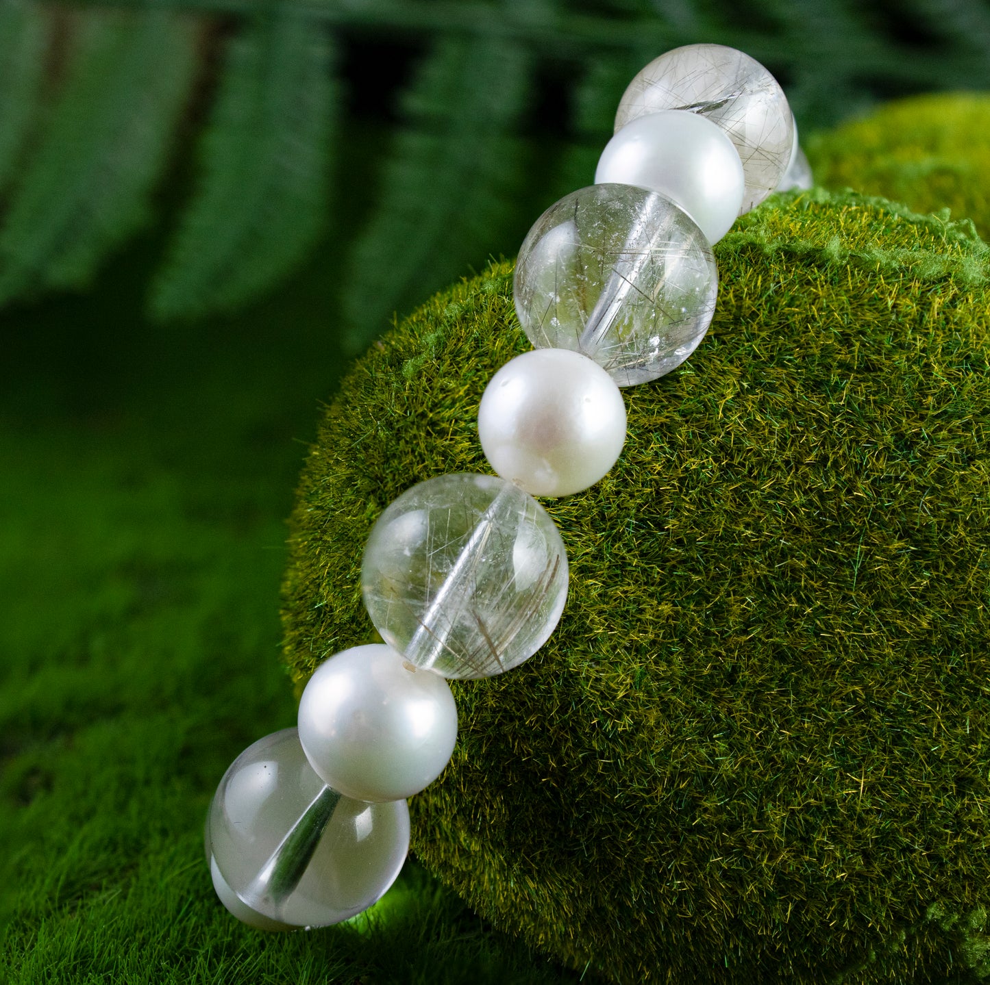 Auralyn Custom Silver Rutilated Quartz & Freshwater Pearl Bracelet, 13–14mm Rutile Quartz + 10mm Pearls, Handmade Energy Jewelry for Clarity & Elegant Glow
