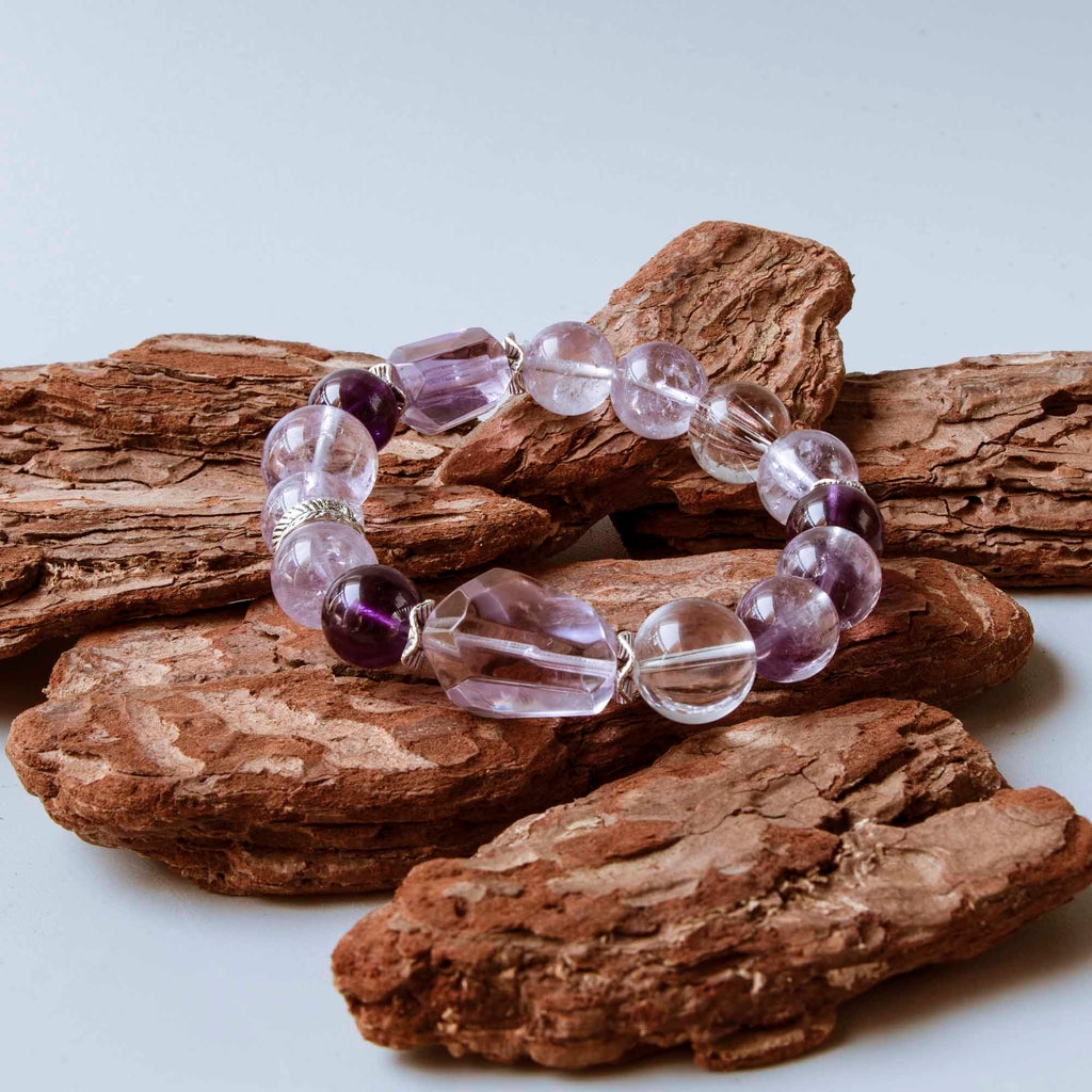 Auralyn Celestial Aura Amethyst Crystal Bracelet with Red Rutilated Quartz & Clear Quartz, 13–14mm Handmade Energy Beads, Tibetan Silver Accents, Emotional Healing & Spiritual Growth