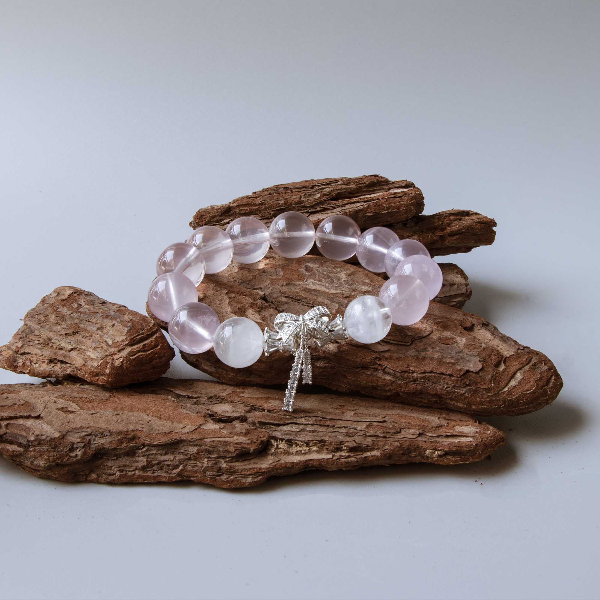 Auralyn Fluttering Bloom Rose Quartz & White Phantom Crystal Bracelet with Silver Butterfly Charm, 13–14mm Feminine Handmade Jewelry for Love, Healing & Daily Outfits