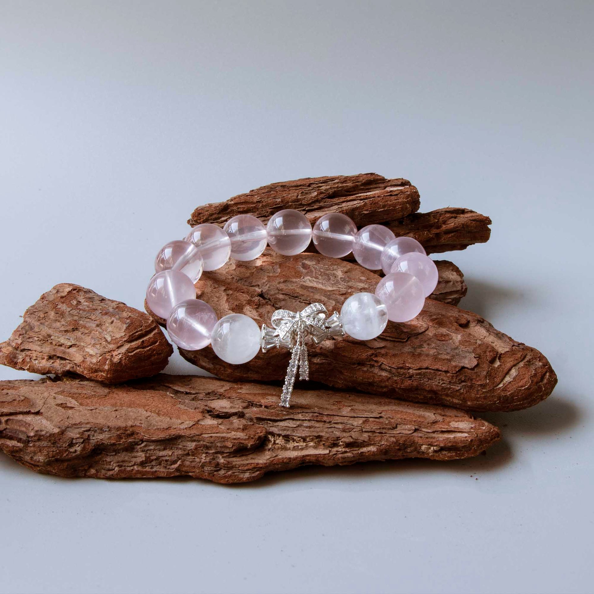 Auralyn Fluttering Bloom Rose Quartz & White Phantom Crystal Bracelet with Silver Butterfly Charm, 13–14mm Feminine Handmade Jewelry for Love, Healing & Daily Outfits