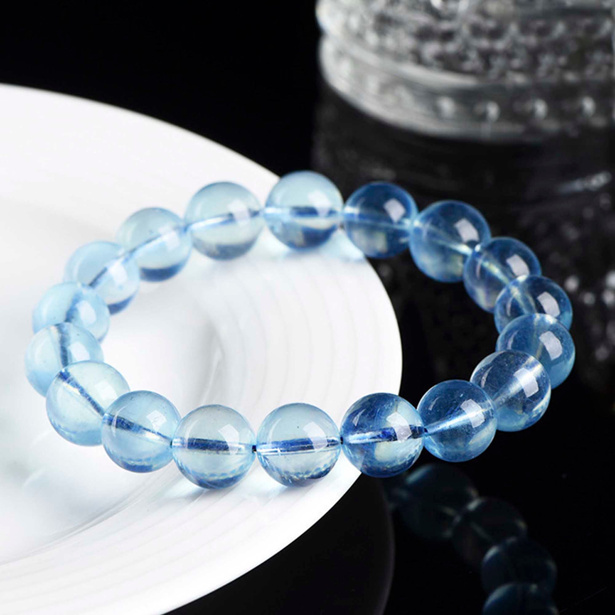 Auralyn Healing Aquamarine Crystal Bracelet, 13–14mm Natural Icy Transparent Aquamarine Beads, Handmade Energy Jewelry for Calm, Communication & Ocean Clarity