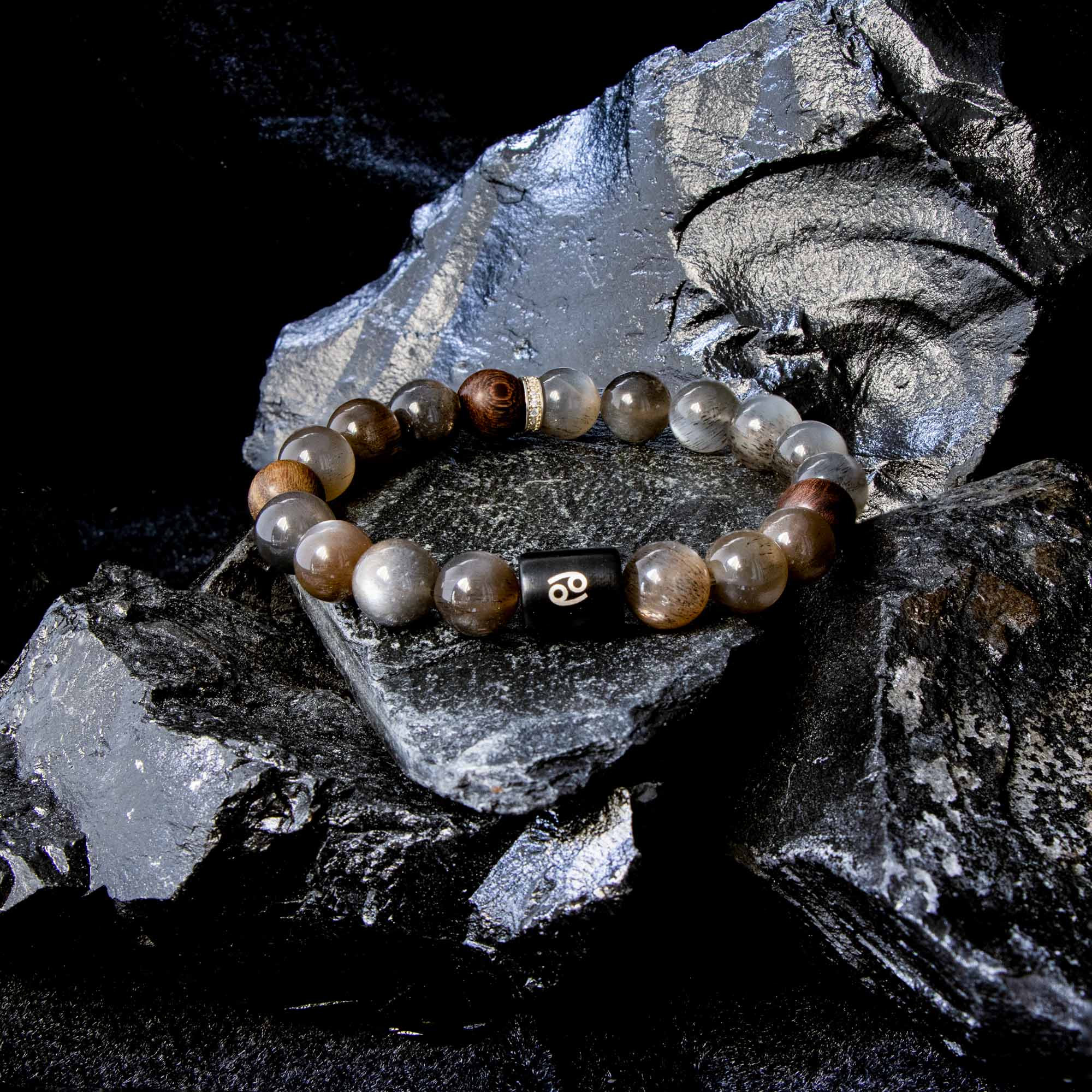 Auralyn Cancer Night-Tide Guardian Zodiac Bracelet, 10–12mm Black Tourmalinated “Backbone” Quartz & Rosewood with Gold-Plated Spacers and Ebony Bead w/ Sterling-Silver Cancer Inlay, Handmade Protective Jewelry Amazon-Style 5 Bullet Points