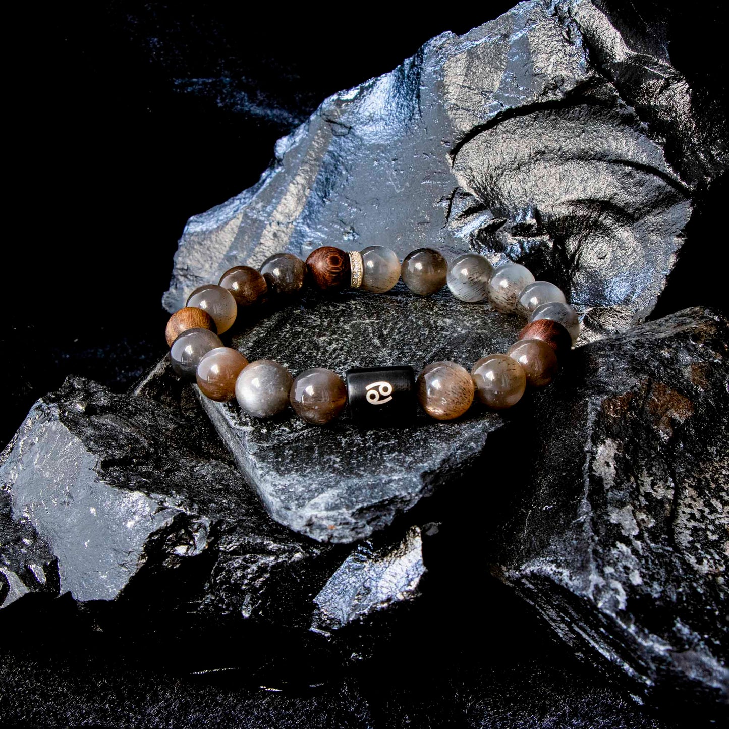 Auralyn Cancer Night-Tide Guardian Zodiac Bracelet, 10–12mm Black Tourmalinated “Backbone” Quartz & Rosewood with Gold-Plated Spacers and Ebony Bead w/ Sterling-Silver Cancer Inlay, Handmade Protective Jewelry Amazon-Style 5 Bullet Points