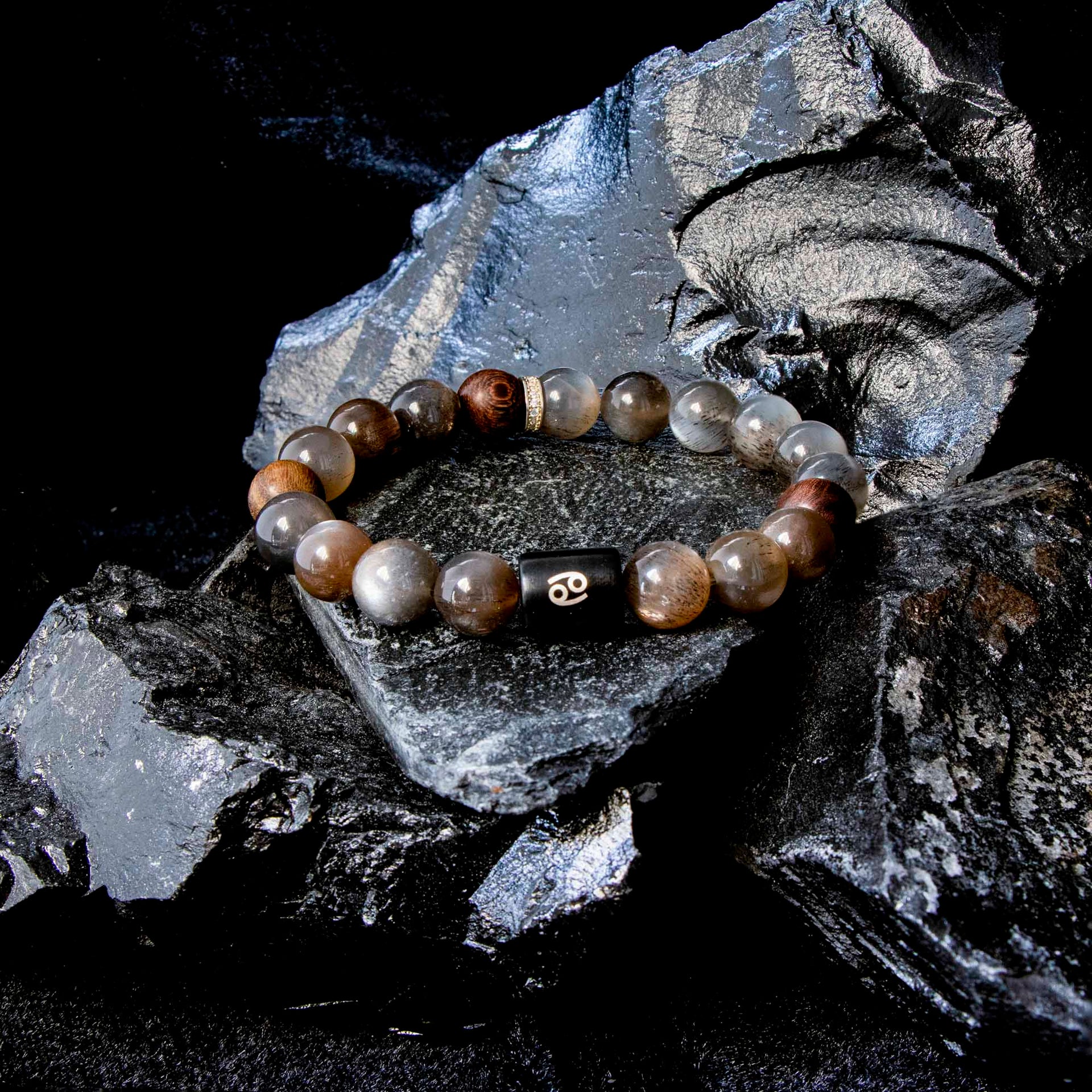 Auralyn Cancer Night-Tide Guardian Zodiac Bracelet, 10–12mm Black Tourmalinated “Backbone” Quartz & Rosewood with Gold-Plated Spacers and Ebony Bead w/ Sterling-Silver Cancer Inlay, Handmade Protective Jewelry Amazon-Style 5 Bullet Points