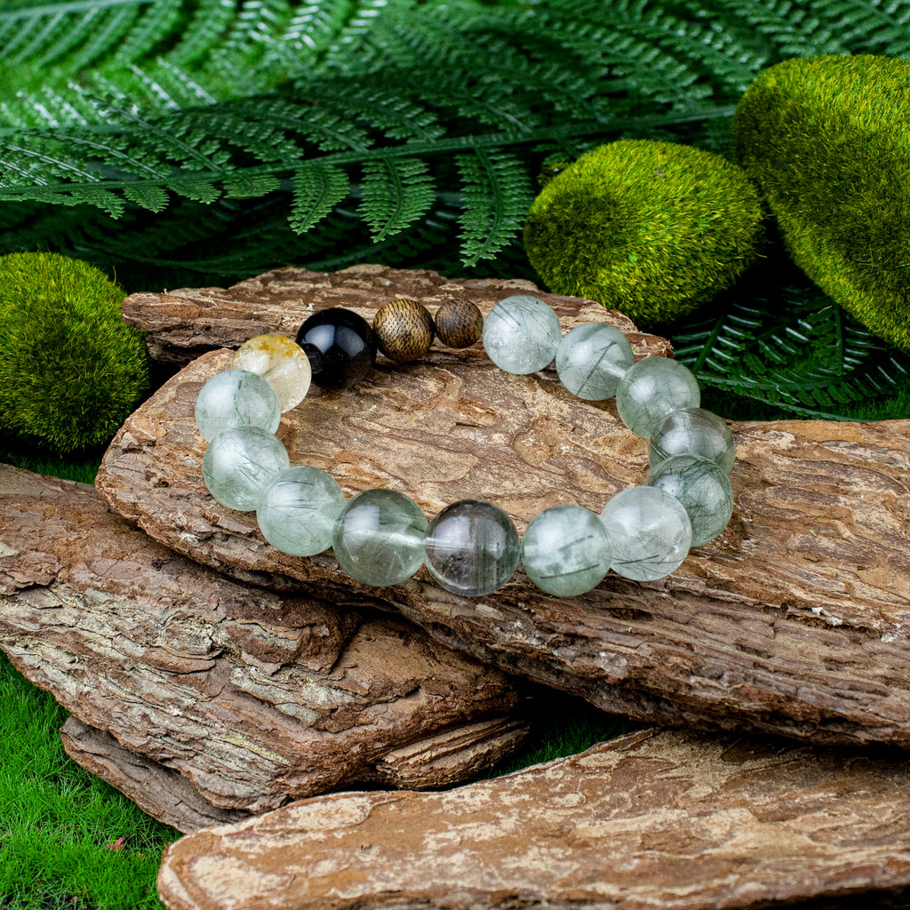 Auralyn Custom Forest Breath Green Rutilated Quartz Bracelet, 13–14mm Dark & Light Green Rutile with Starry Garden Phantom, Golden Flower Agate, Silver Obsidian & Two Agarwood Beads, Handmade Energy Jewelry