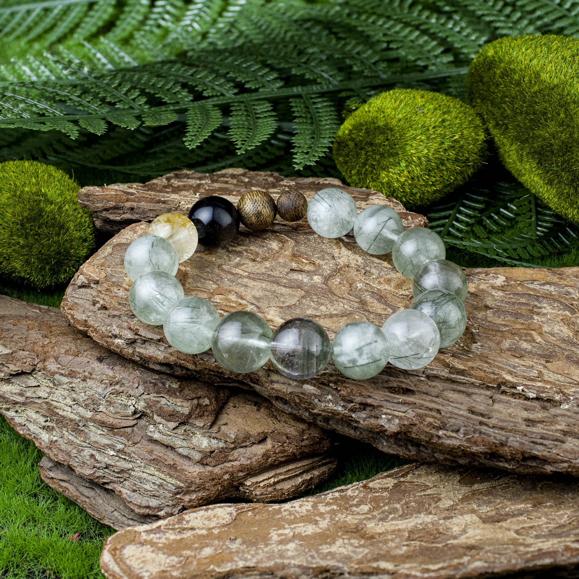 Auralyn Custom Forest Breath Green Rutilated Quartz Bracelet, 13–14mm Dark & Light Green Rutile with Starry Garden Phantom, Golden Flower Agate, Silver Obsidian & Two Agarwood Beads, Handmade Energy Jewelry