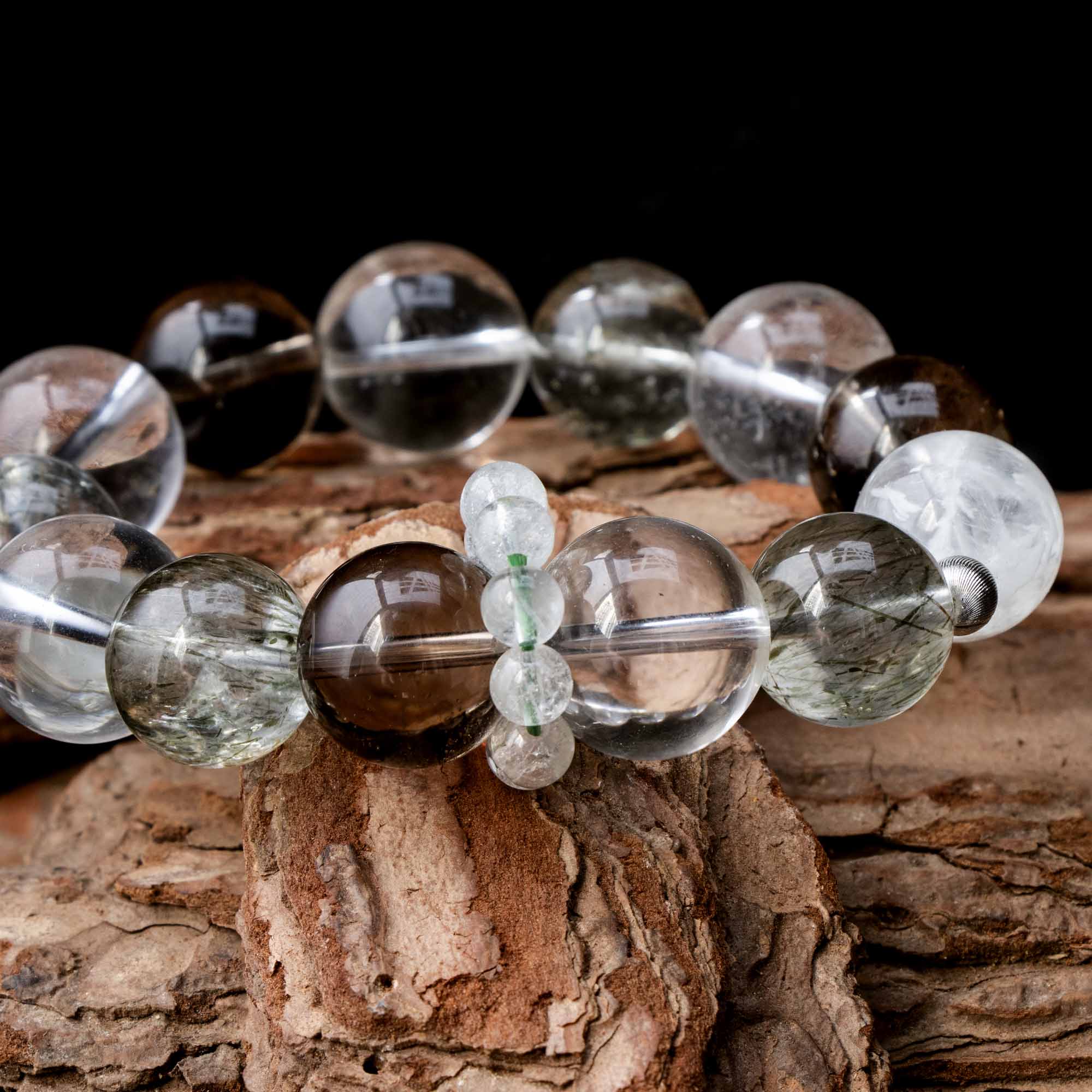 Auralyn Life Rhythm Clarity Momentum Crystal Bracelet, 14–16mm Tourmaline Rutilated Quartz with Clear Quartz, Smoky Quartz & White Phantom, Clear Quartz Runner Ring, Handmade Energy Jewelry