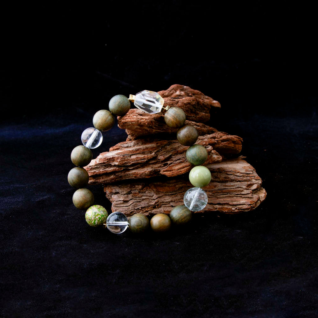Auralyn Custom Verdant Renewal Crystal Bracelet, 11–12mm Clear Quartz, Green Phantom, Green Sandalwood & Light Avocado Tones with Bi-Color Clear+Citrine Irregular Bead and Silver-Plated Spacers, Handmade Energy Jewelry