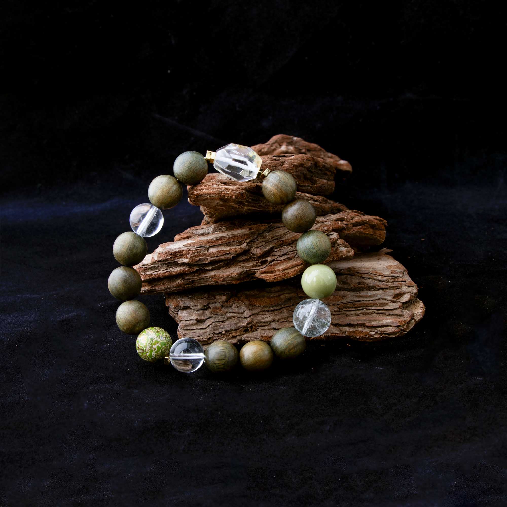 Auralyn Custom Verdant Renewal Crystal Bracelet, 11–12mm Clear Quartz, Green Phantom, Green Sandalwood & Light Avocado Tones with Bi-Color Clear+Citrine Irregular Bead and Silver-Plated Spacers, Handmade Energy Jewelry