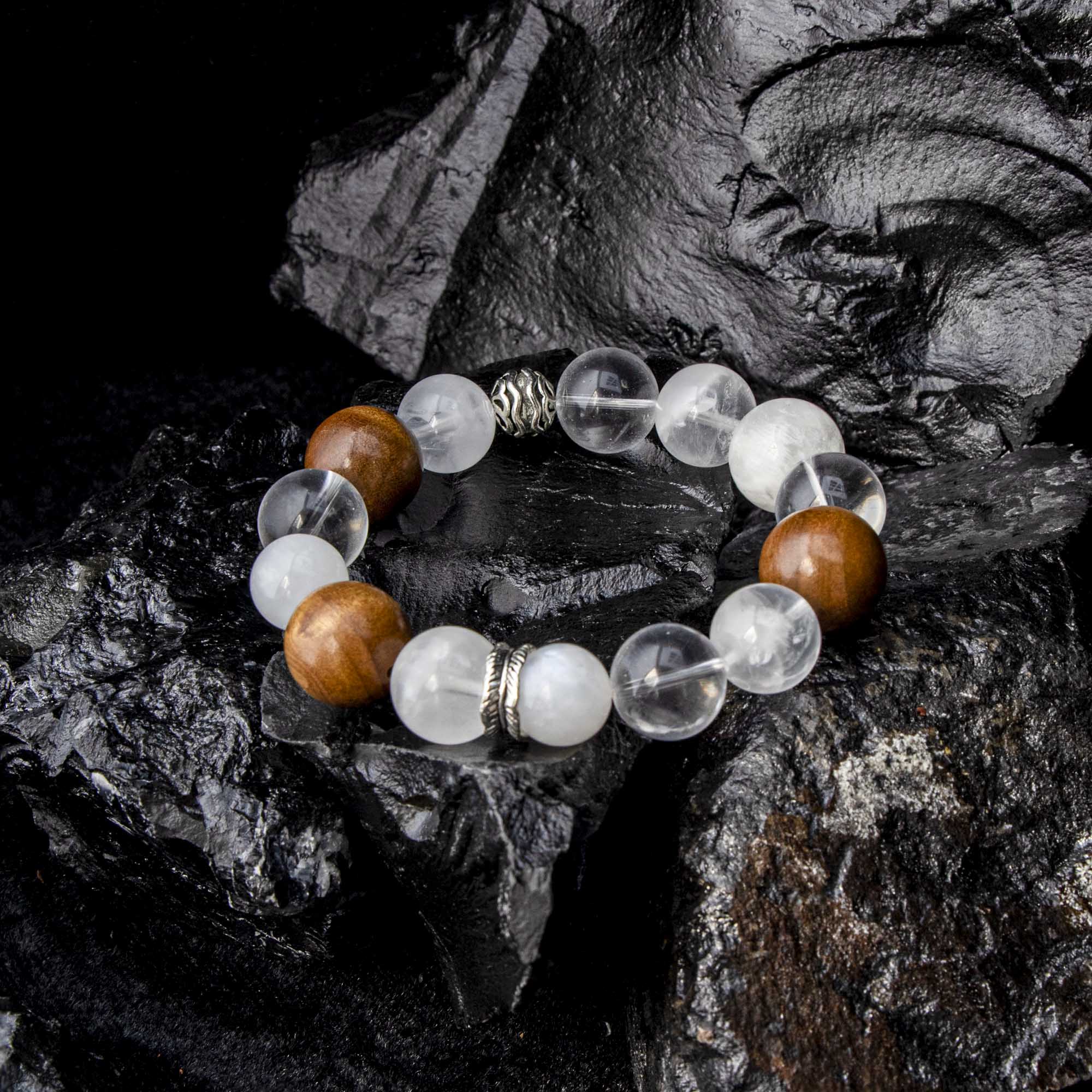 Auralyn Custom Feathered Clarity White Phantom & Clear Quartz Bracelet, 13–14mm Quartz with 15–16mm Golden Phoebe Wood, Tibetan-Silver Feather Spacer & Rings, Handmade Energy Jewelry for Renewal, Clarity & Grounding