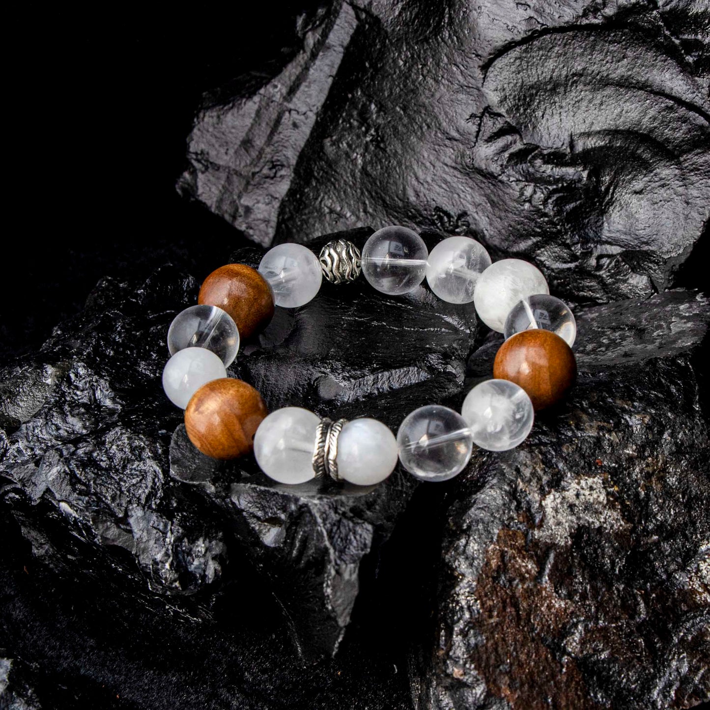 Auralyn Custom Feathered Clarity White Phantom & Clear Quartz Bracelet, 13–14mm Quartz with 15–16mm Golden Phoebe Wood, Tibetan-Silver Feather Spacer & Rings, Handmade Energy Jewelry for Renewal, Clarity & Grounding