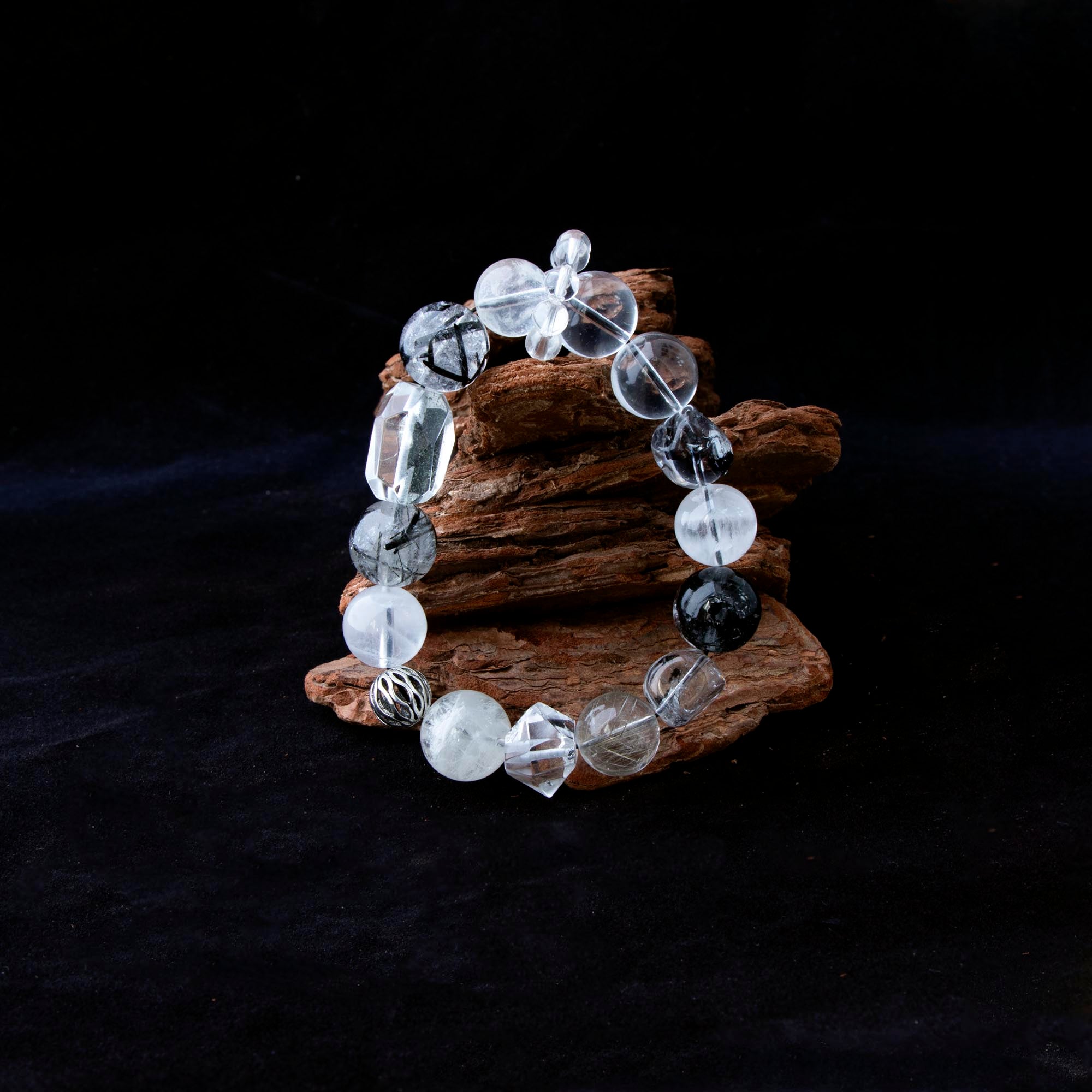 Auralyn Custom Monochrome Clarity Crystal Bracelet, 13–15mm Clear Quartz, White Phantom, Black Labradorite, Black Rutilated Quartz with Herkimer-Style Cone & Irregular Clear Beads, Clear-Quartz Runner Ring, Handmade