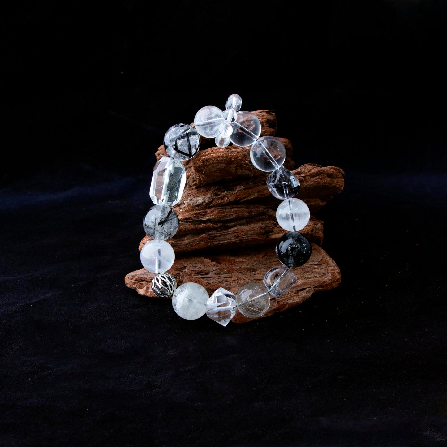 Auralyn Custom Monochrome Clarity Crystal Bracelet, 13–15mm Clear Quartz, White Phantom, Black Labradorite, Black Rutilated Quartz with Herkimer-Style Cone & Irregular Clear Beads, Clear-Quartz Runner Ring, Handmade