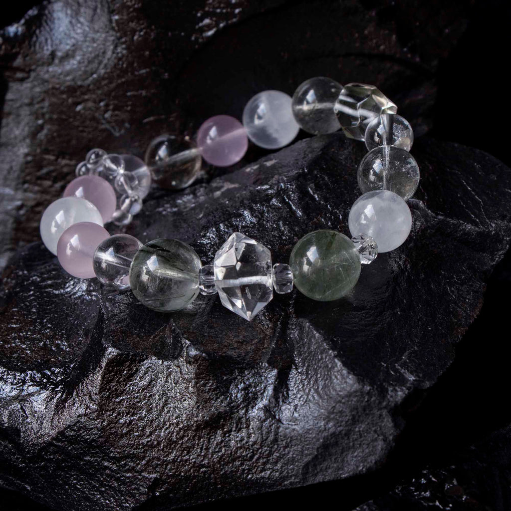 Auralyn Garden of Light Crystal Bracelet, 13–14mm White Phantom, Rose Quartz, Green Phantom, Green Rutilated & Tourmaline Rutilated Quartz with Clear Quartz Spacers, Handmade Energy Jewelry