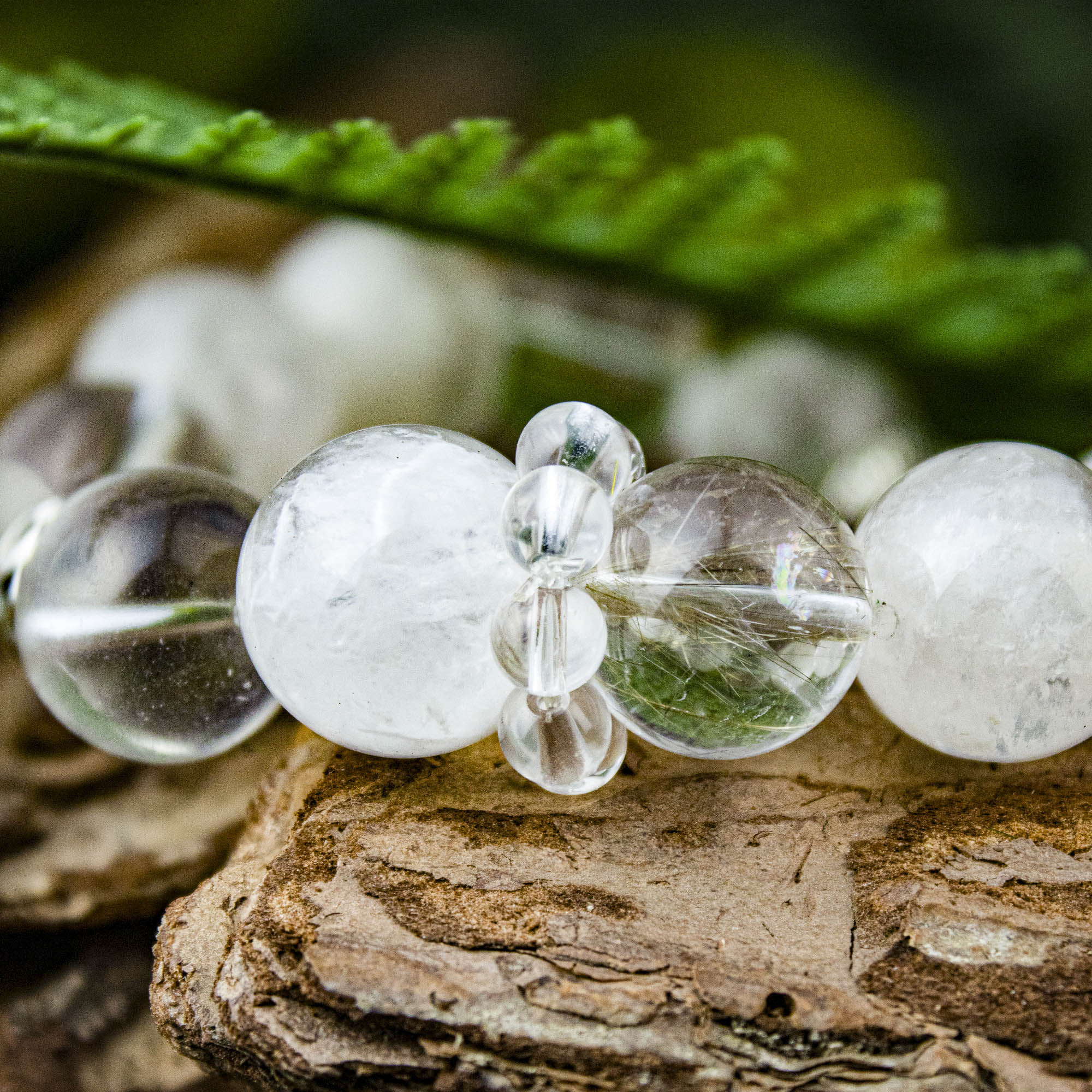 Auralyn Custom Frosted Clarity Crystal Bracelet, 13–14mm White Phantom, Clear Quartz & Silver Rutilated Quartz with Tibetan Silver Spacers & Rings, Handmade Energy Jewelry in Pure White/Transparent Tones