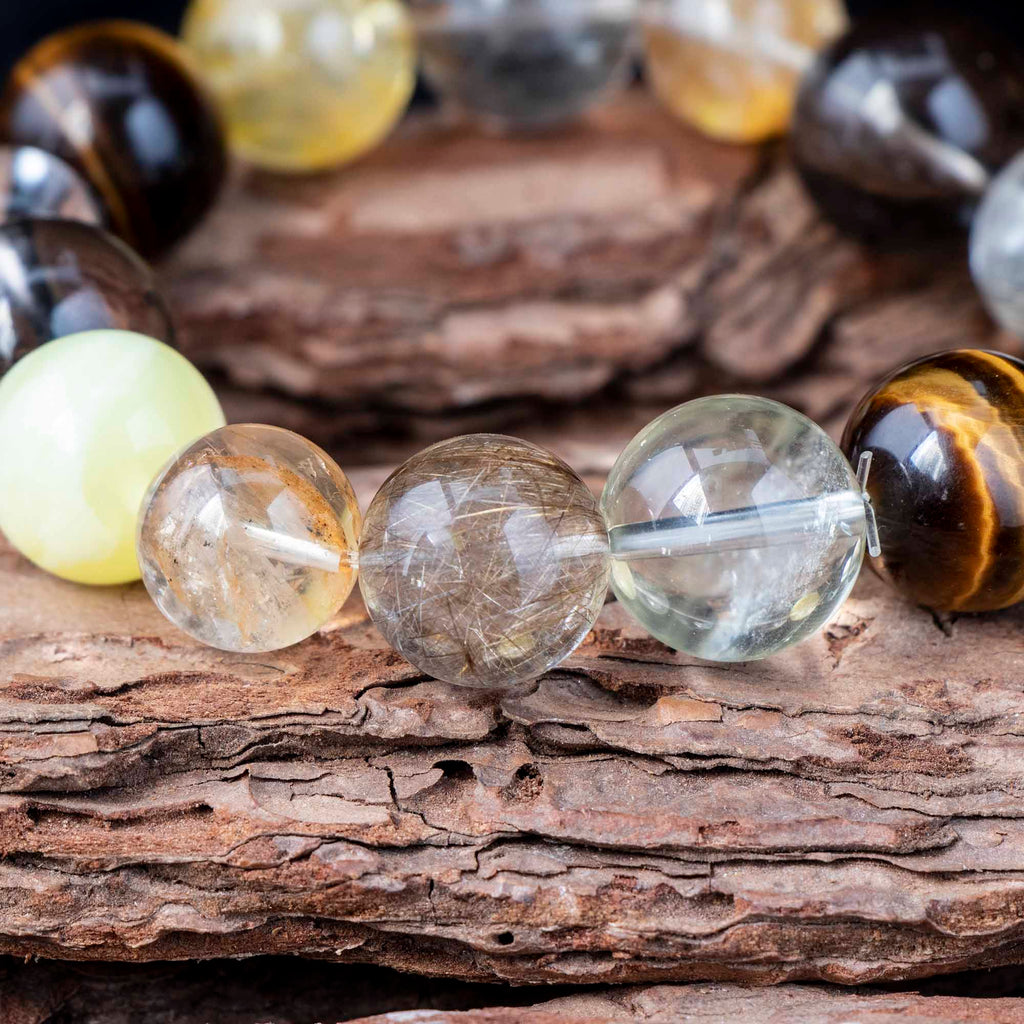 Auralyn Life Rhythm Ground & Glow Crystal Bracelet, 13–14mm Smoky Quartz, Green Quartz, Actinolite & Tourmaline Rutilated Quartz, Flower Agate, Amber, Tiger’s Eye & Red Rutilated, Handmade Energy Jewelry