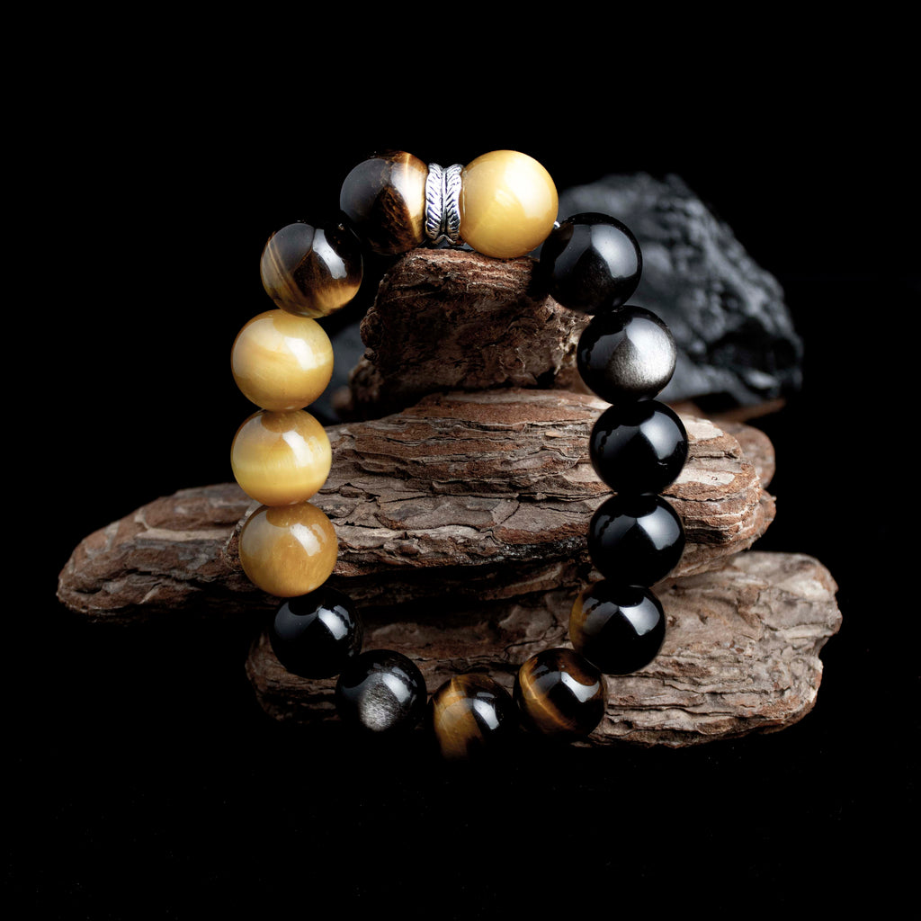 Celestial Guardian Bracelet – Tiger’s Eye & Silver Obsidian with Tibetan Silver Rings | Protective Energy Gift