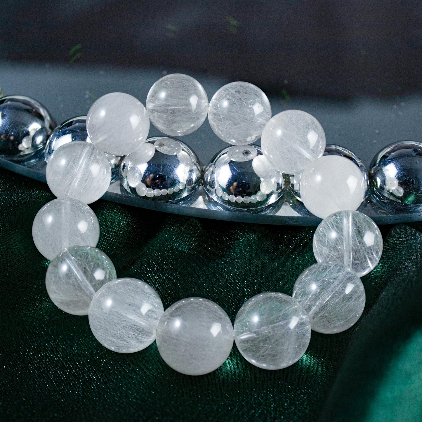 Auralyn Custom — White Rabbit-Hair Rutilated Quartz Bracelet | 14–15mm “White Steel-Wire” Clear Crystal Beads | Handmade Energy Jewelry for Clarity, Calm Confidence & Minimal Elegance