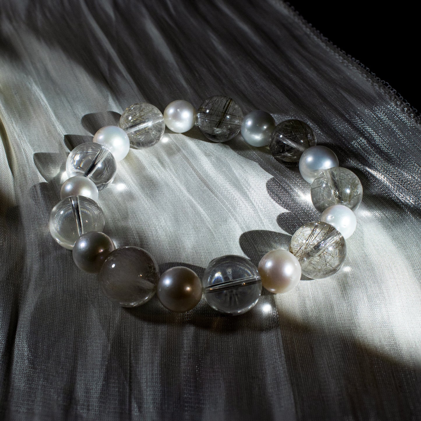 Auralyn Custom Silver Rutilated Quartz & Freshwater Pearl Bracelet, 13–14mm Rutile Quartz + 10mm Pearls, Handmade Energy Jewelry for Clarity & Elegant Glow