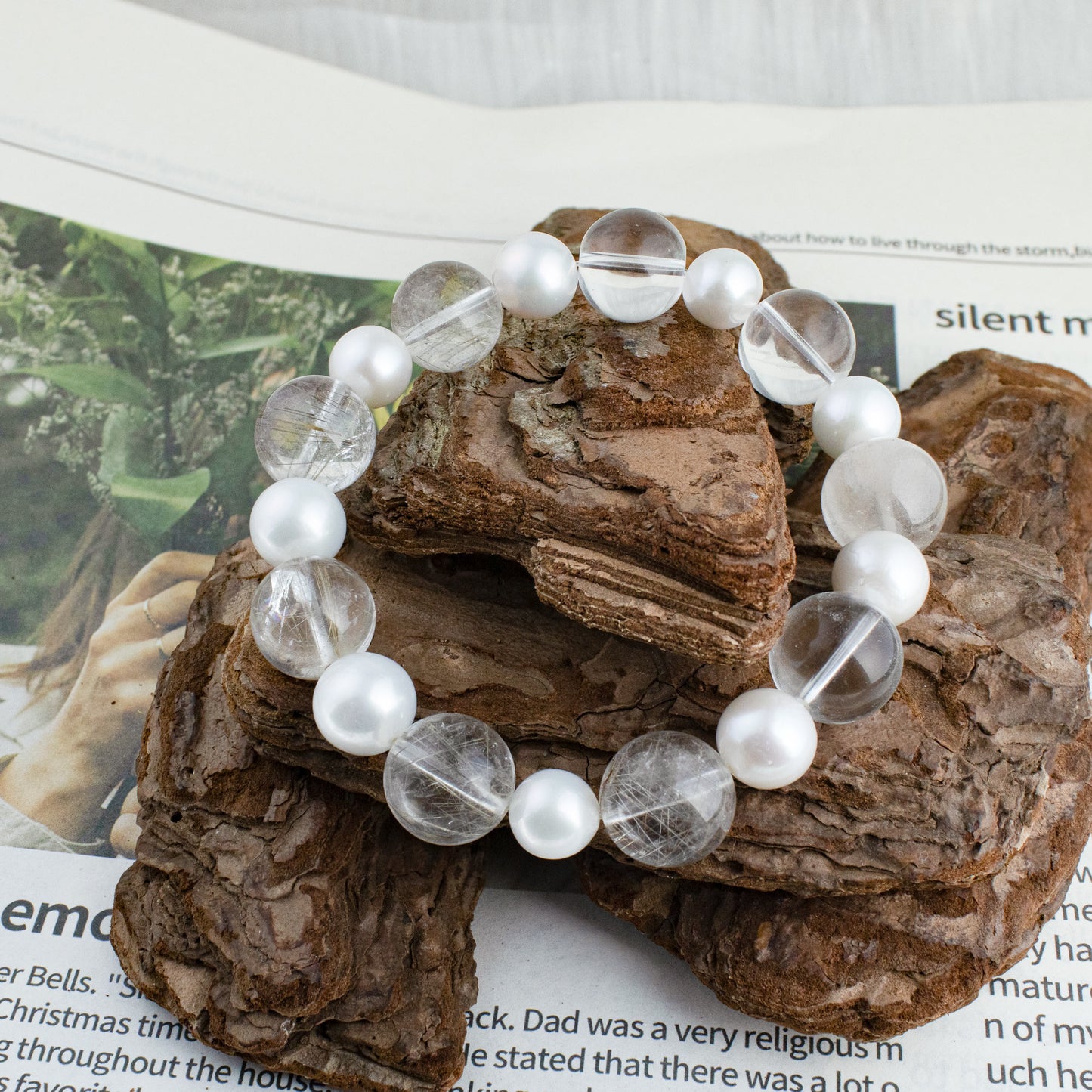Auralyn Custom Silver Rutilated Quartz & Freshwater Pearl Bracelet, 13–14mm Rutile Quartz + 10mm Pearls, Handmade Energy Jewelry for Clarity & Elegant Glow