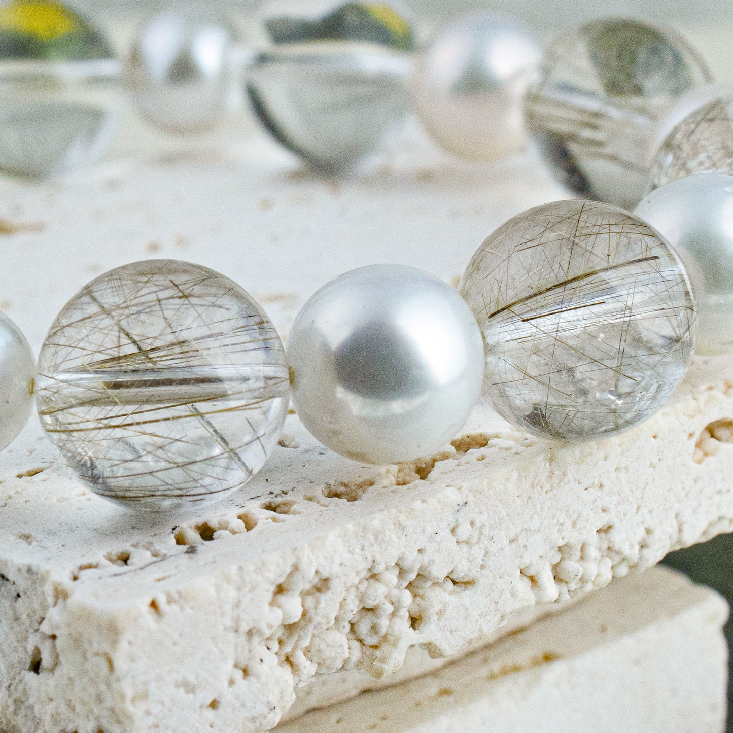 Auralyn Custom Silver Rutilated Quartz & Freshwater Pearl Bracelet, 13–14mm Rutile Quartz + 10mm Pearls, Handmade Energy Jewelry for Clarity & Elegant Glow