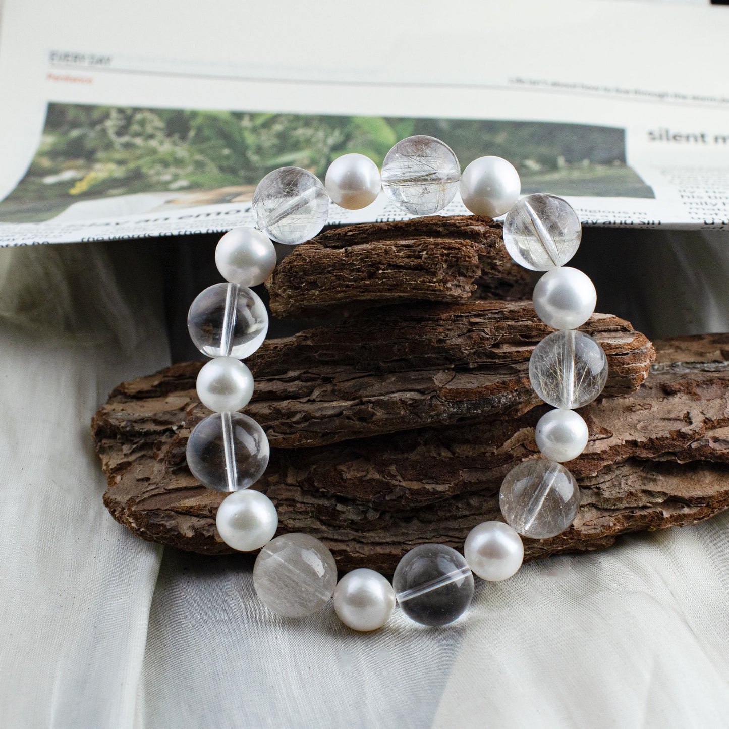 Auralyn Custom Silver Rutilated Quartz & Freshwater Pearl Bracelet, 13–14mm Rutile Quartz + 10mm Pearls, Handmade Energy Jewelry for Clarity & Elegant Glow