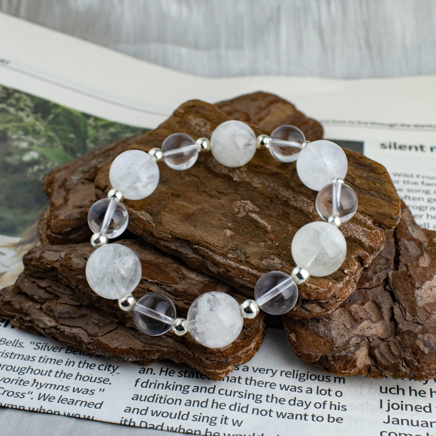 Auralyn Custom Snow-Phantom Quartz & Clear Quartz Bracelet, 13–14mm Natural “Snowflake” Phantom Beads with Minimal Silver Accents, Handmade Energy Jewelry for Clarity, Calm & Renewal