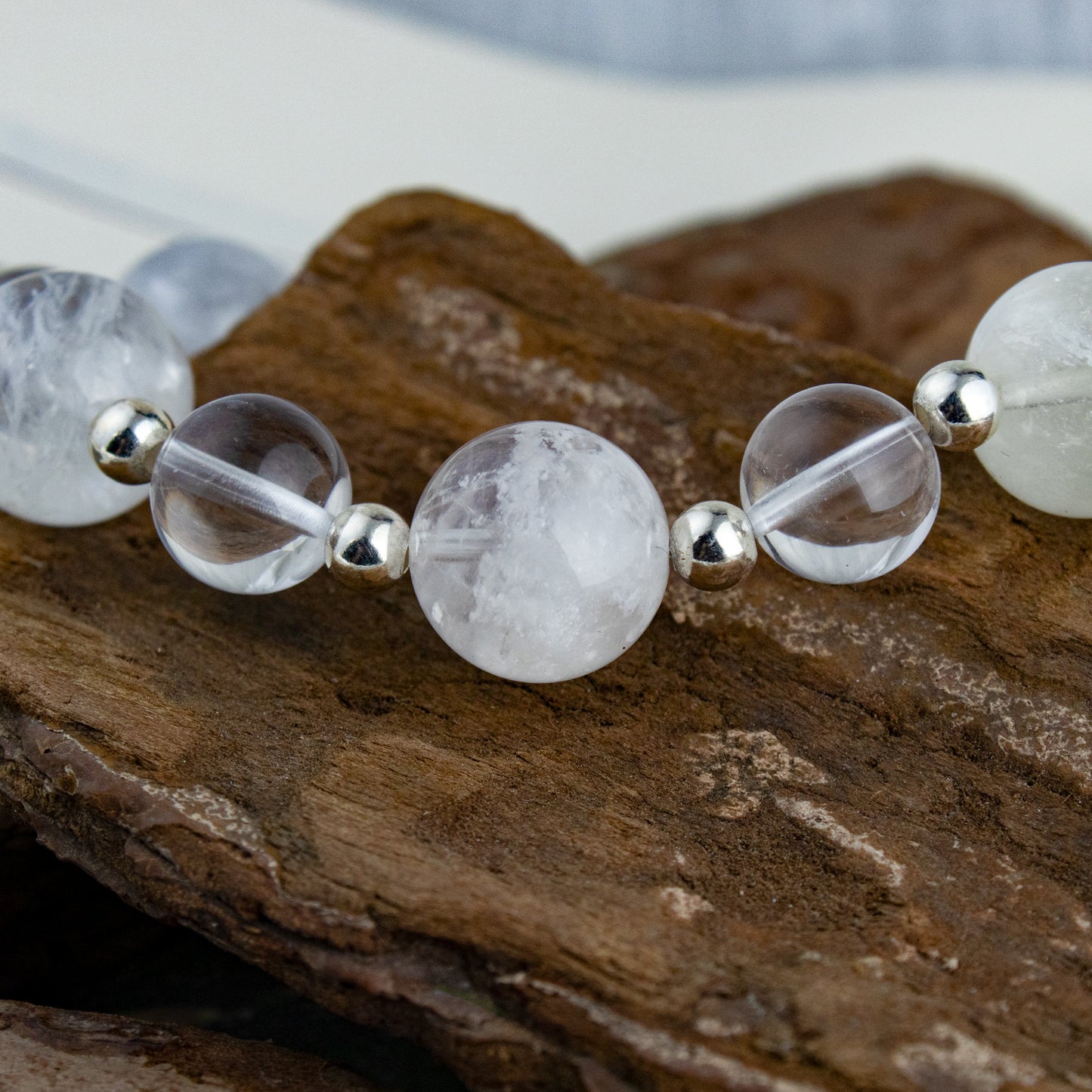 Auralyn Custom Snow-Phantom Quartz & Clear Quartz Bracelet, 13–14mm Natural “Snowflake” Phantom Beads with Minimal Silver Accents, Handmade Energy Jewelry for Clarity, Calm & Renewal