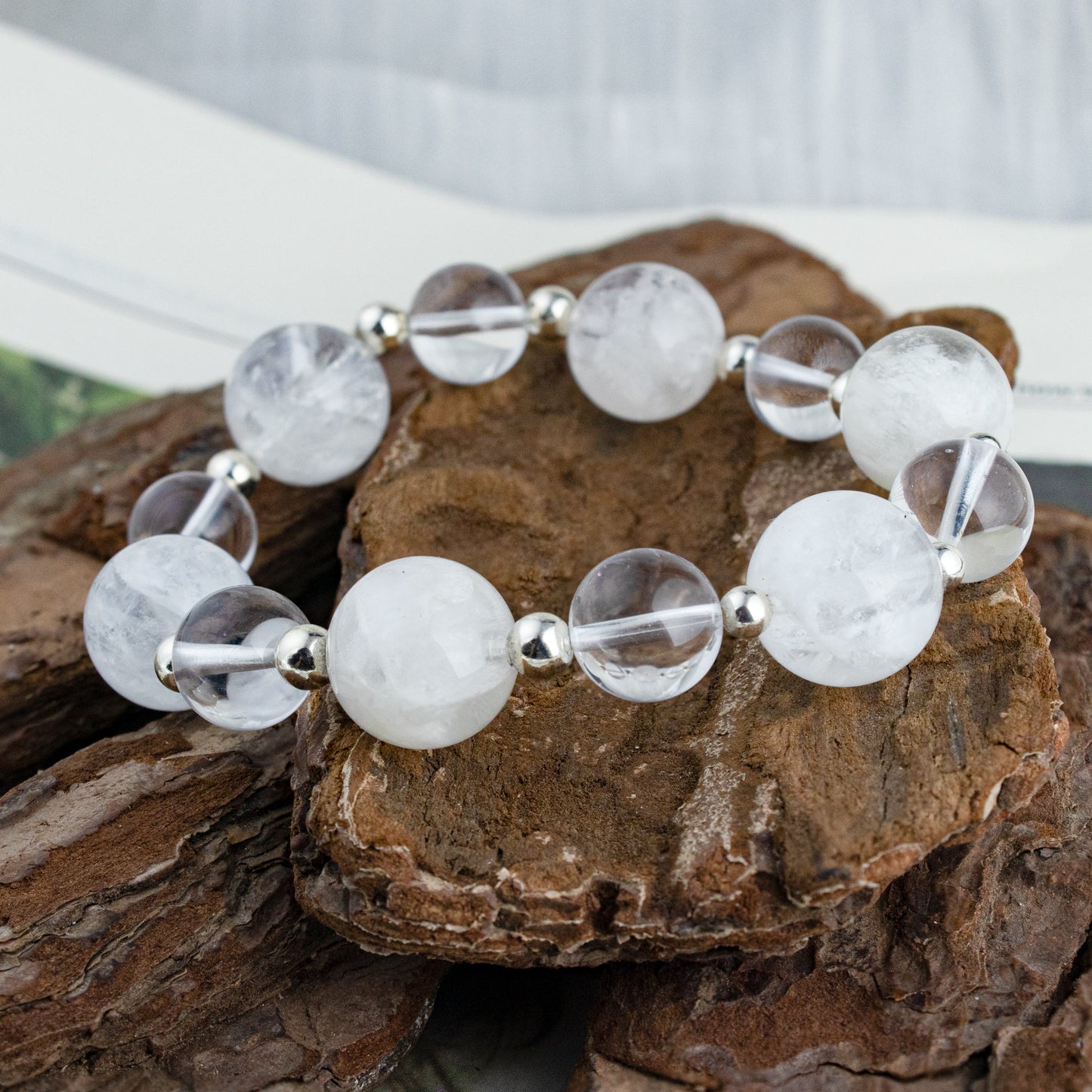 Auralyn Custom Snow-Phantom Quartz & Clear Quartz Bracelet, 13–14mm Natural “Snowflake” Phantom Beads with Minimal Silver Accents, Handmade Energy Jewelry for Clarity, Calm & Renewal