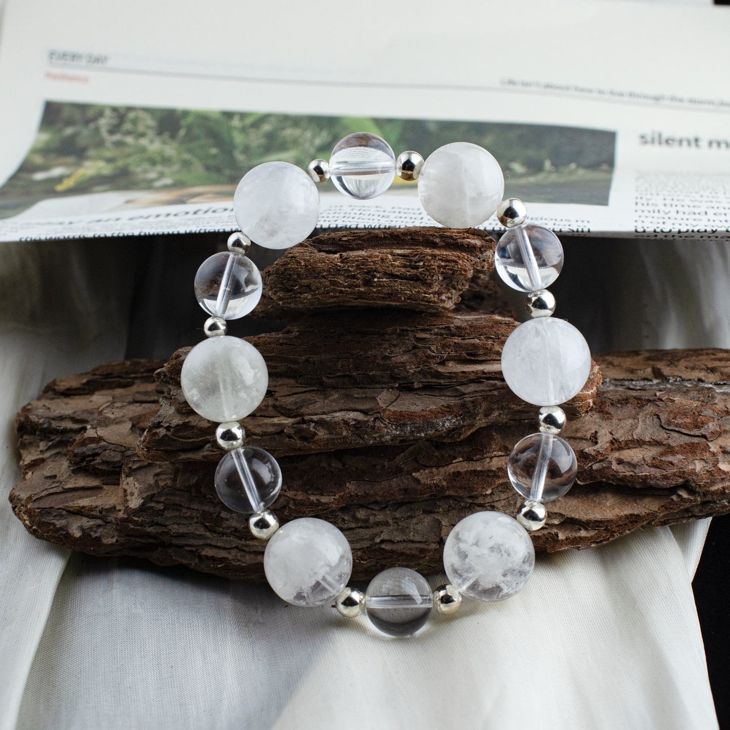 Auralyn Custom Snow-Phantom Quartz & Clear Quartz Bracelet, 13–14mm Natural “Snowflake” Phantom Beads with Minimal Silver Accents, Handmade Energy Jewelry for Clarity, Calm & Renewal