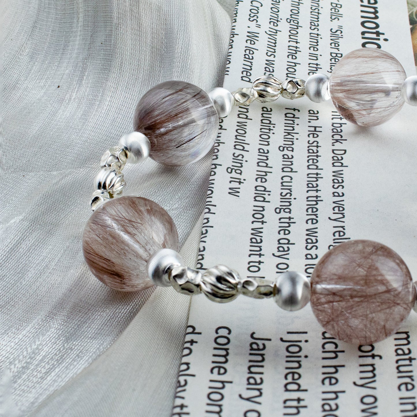 Custom Pink-Purple Rabbit-Hair Rutilated Quartz Bracelet, 15–16mm Beads with Sterling Silver Spacers, Handmade Energy Jewelry for Love, Clarity & Elegant Glow