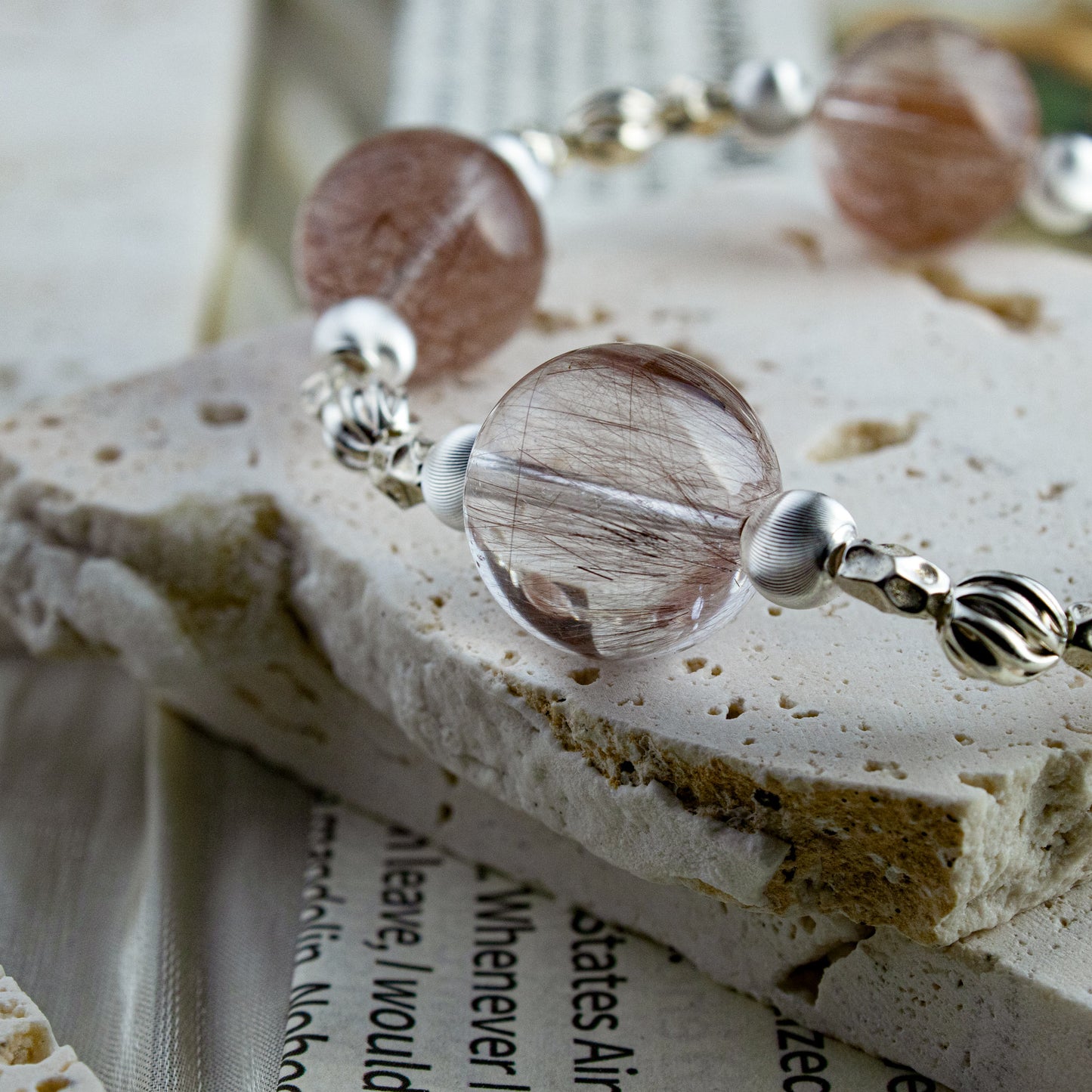 Custom Pink-Purple Rabbit-Hair Rutilated Quartz Bracelet, 15–16mm Beads with Sterling Silver Spacers, Handmade Energy Jewelry for Love, Clarity & Elegant Glow