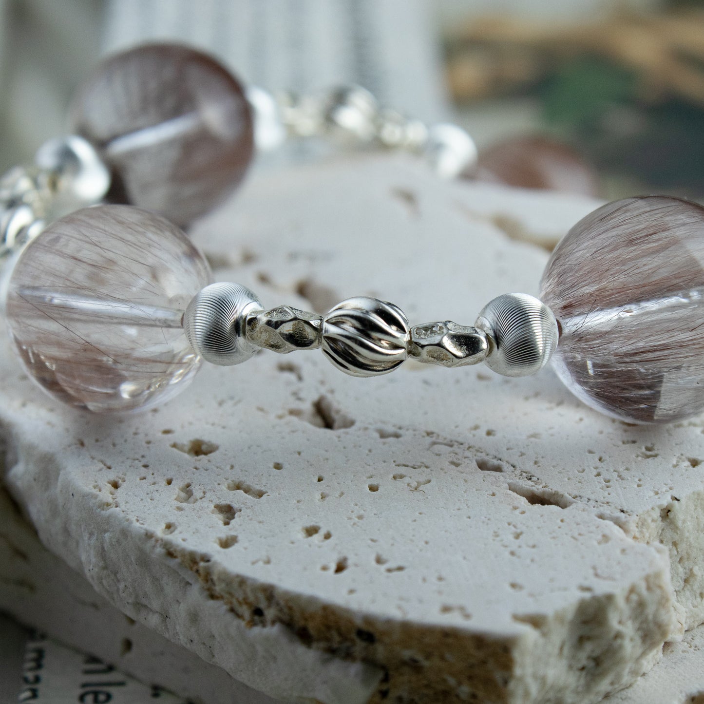 Custom Pink-Purple Rabbit-Hair Rutilated Quartz Bracelet, 15–16mm Beads with Sterling Silver Spacers, Handmade Energy Jewelry for Love, Clarity & Elegant Glow
