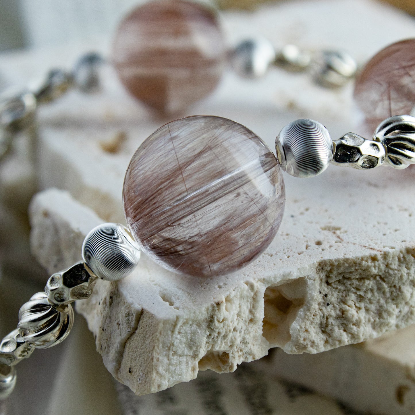 Custom Pink-Purple Rabbit-Hair Rutilated Quartz Bracelet, 15–16mm Beads with Sterling Silver Spacers, Handmade Energy Jewelry for Love, Clarity & Elegant Glow