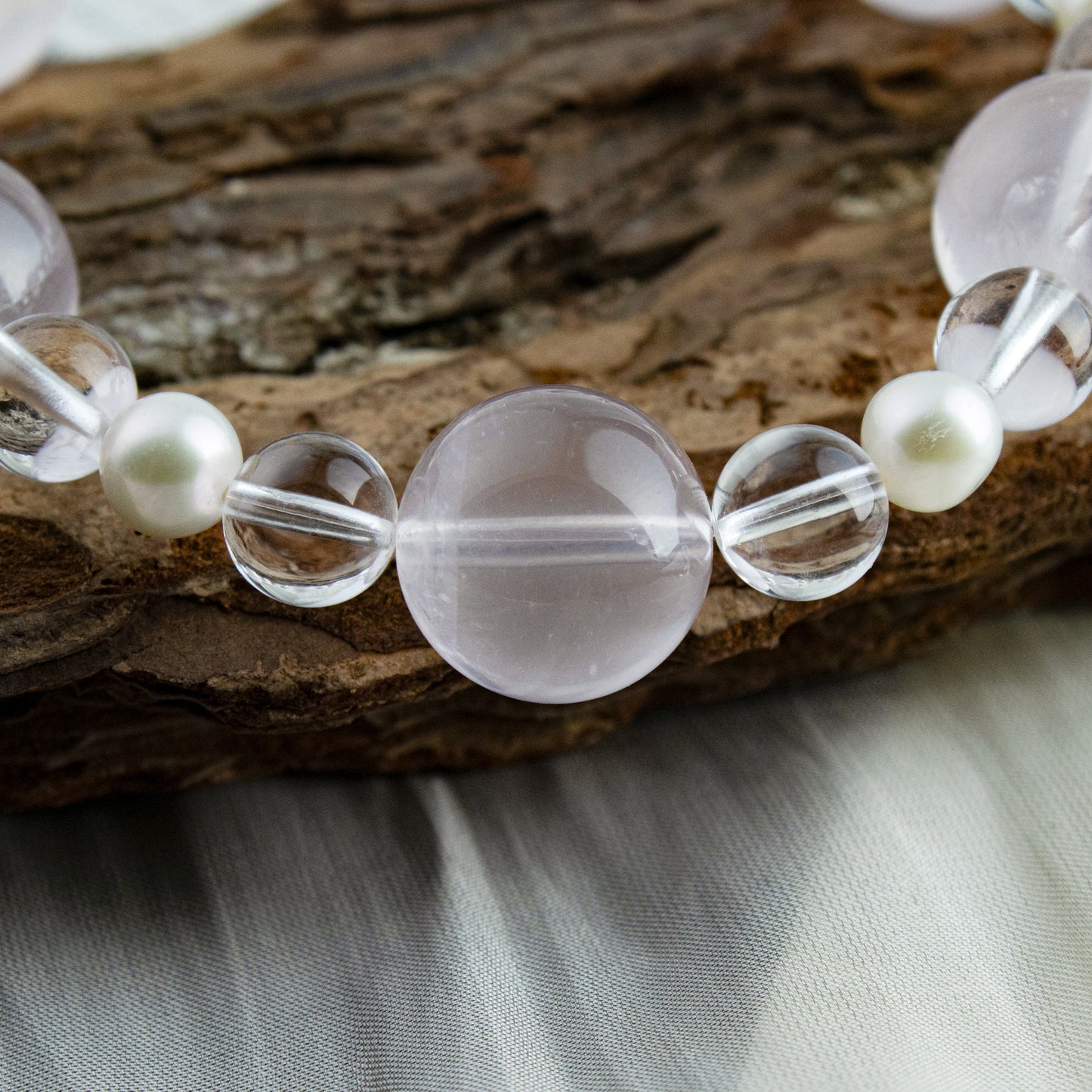 Auralyn Custom Star Rose Quartz, Himalayan Clear Quartz & Freshwater Pearl Bracelet, 13–14mm Pink Crystal Beads, Handmade Energy Jewelry for Love, Clarity & Grace