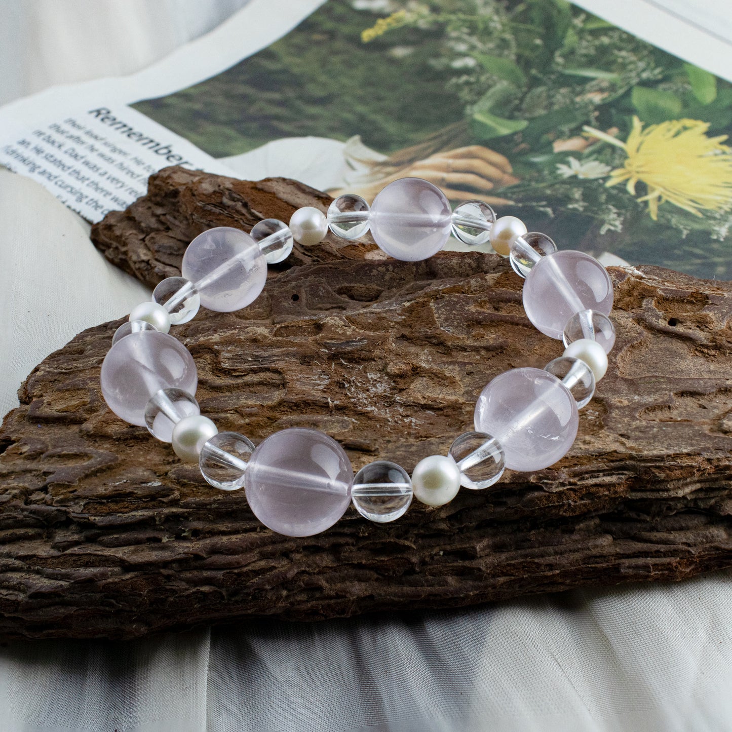 Auralyn Custom Star Rose Quartz, Himalayan Clear Quartz & Freshwater Pearl Bracelet, 13–14mm Pink Crystal Beads, Handmade Energy Jewelry for Love, Clarity & Grace