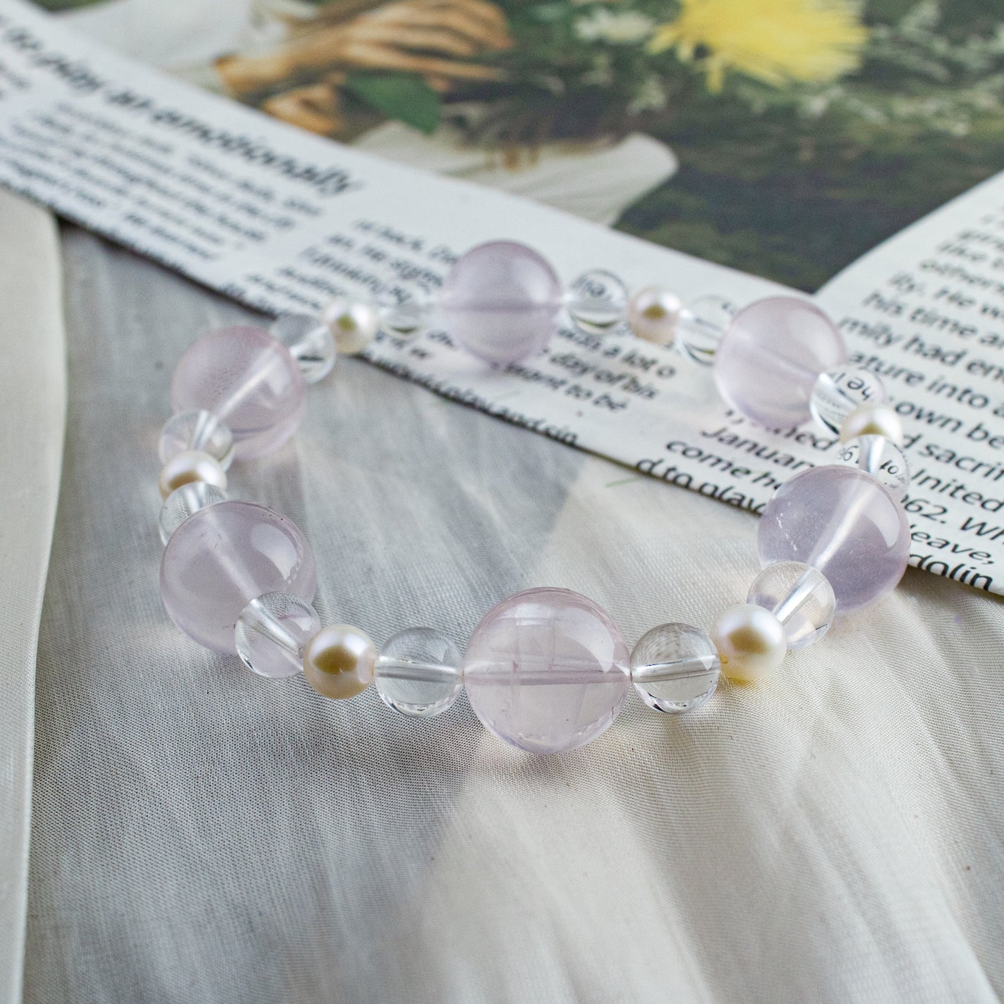 Auralyn Custom Star Rose Quartz, Himalayan Clear Quartz & Freshwater Pearl Bracelet, 13–14mm Pink Crystal Beads, Handmade Energy Jewelry for Love, Clarity & Grace