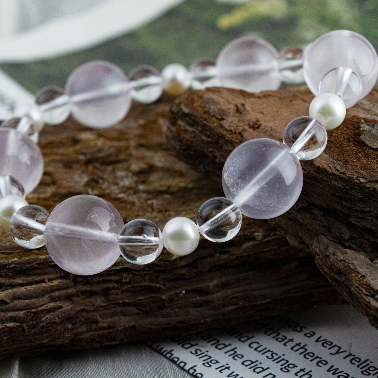 Auralyn Custom Star Rose Quartz, Himalayan Clear Quartz & Freshwater Pearl Bracelet, 13–14mm Pink Crystal Beads, Handmade Energy Jewelry for Love, Clarity & Grace