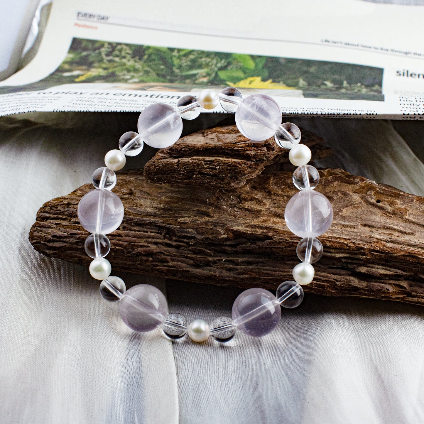 Auralyn Custom Star Rose Quartz, Himalayan Clear Quartz & Freshwater Pearl Bracelet, 13–14mm Pink Crystal Beads, Handmade Energy Jewelry for Love, Clarity & Grace