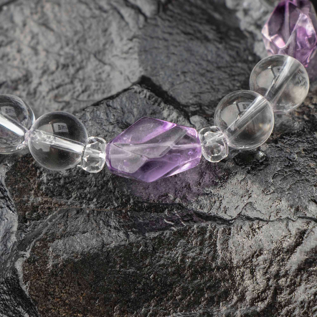 Auralyn Tarot High Priestess Amethyst Crystal Bracelet, 10mm Clear Quartz Beads with Irregular Amethyst, Handmade Tarot Energy Jewelry for Intuition, Calm & Clarity
