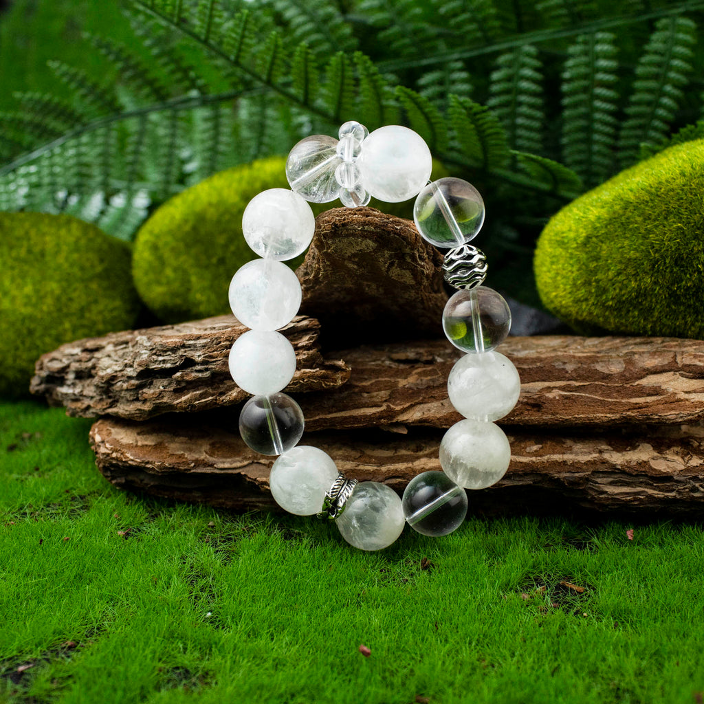 Auralyn Custom Frosted Clarity Crystal Bracelet, 13–14mm White Phantom, Clear Quartz & Silver Rutilated Quartz with Tibetan Silver Spacers & Rings, Handmade Energy Jewelry in Pure White/Transparent Tones