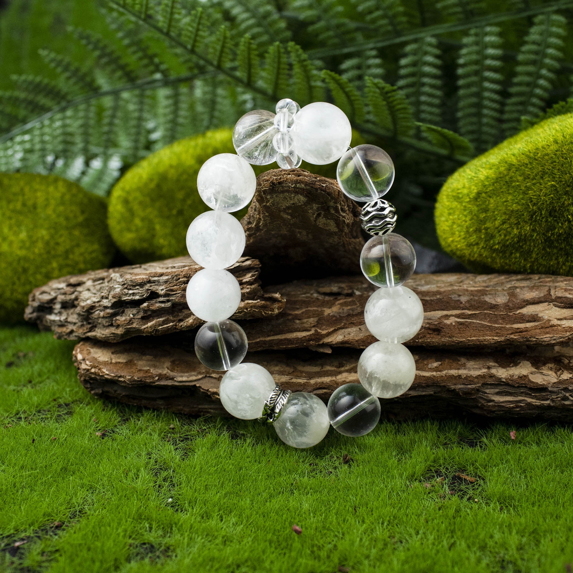 Auralyn Custom Frosted Clarity Crystal Bracelet, 13–14mm White Phantom, Clear Quartz & Silver Rutilated Quartz with Tibetan Silver Spacers & Rings, Handmade Energy Jewelry in Pure White/Transparent Tones