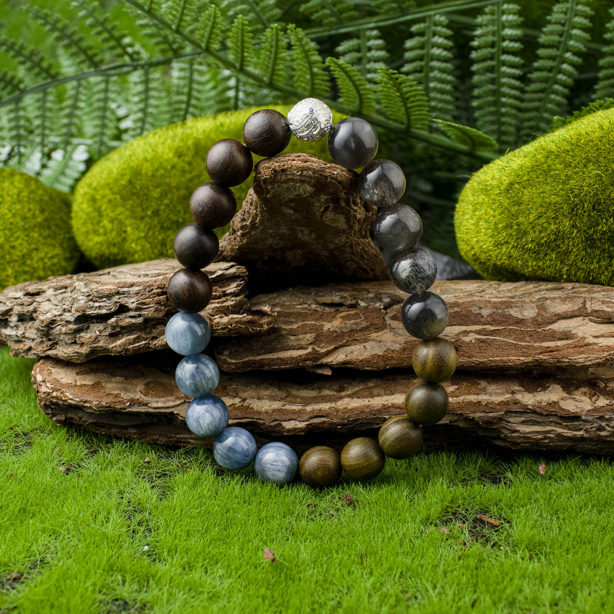 Auralyn Custom Kyanite Nightwood Crystal Bracelet, 10–12mm Kyanite with Black Tourmalinated/“Backbone” Quartz, Black Labradorite, Red & Green Sandalwood Beads and Filigree Silver Spacer, Handmade Energy Jewelry