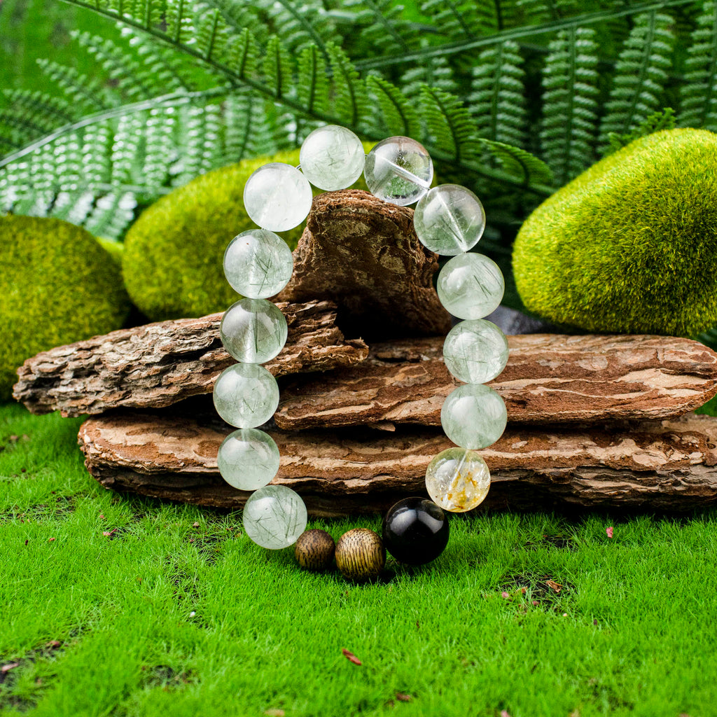 Auralyn Custom Forest Breath Green Rutilated Quartz Bracelet, 13–14mm Dark & Light Green Rutile with Starry Garden Phantom, Golden Flower Agate, Silver Obsidian & Two Agarwood Beads, Handmade Energy Jewelry