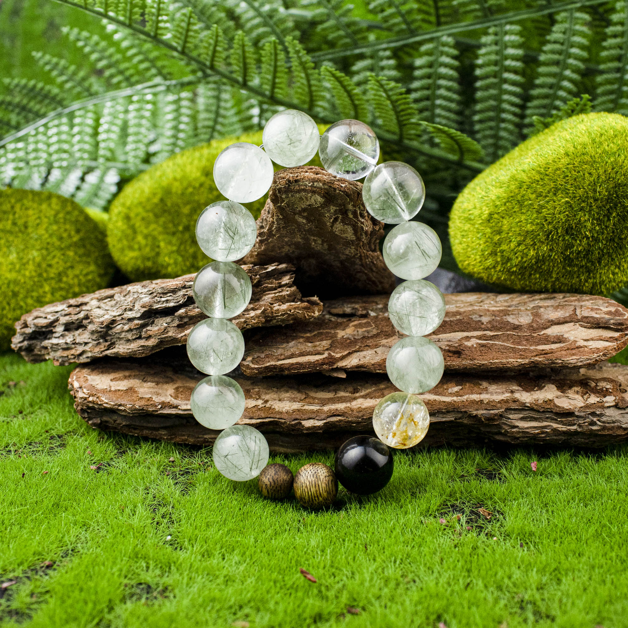 Auralyn Custom Forest Breath Green Rutilated Quartz Bracelet, 13–14mm Dark & Light Green Rutile with Starry Garden Phantom, Golden Flower Agate, Silver Obsidian & Two Agarwood Beads, Handmade Energy Jewelry