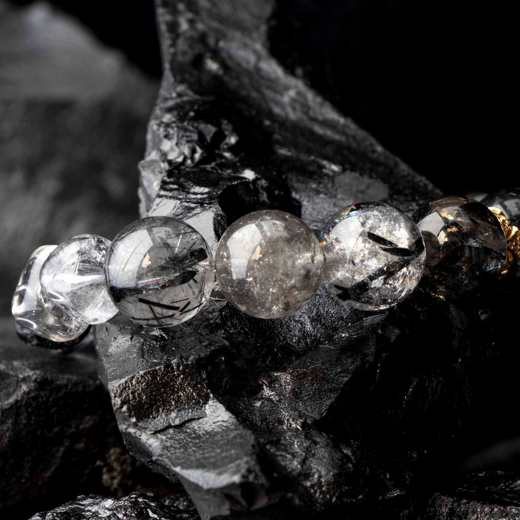 Auralyn Virgo Precision Shield Crystal Bracelet, 13–14mm Silver Obsidian, Black Labradorite, Herkimer Diamond & Black Rutilated Quartz with Gold-Plated Spacers and Sterling Silver Virgo Inlaid Bead, Handmade Zodiac Energy Jewelry