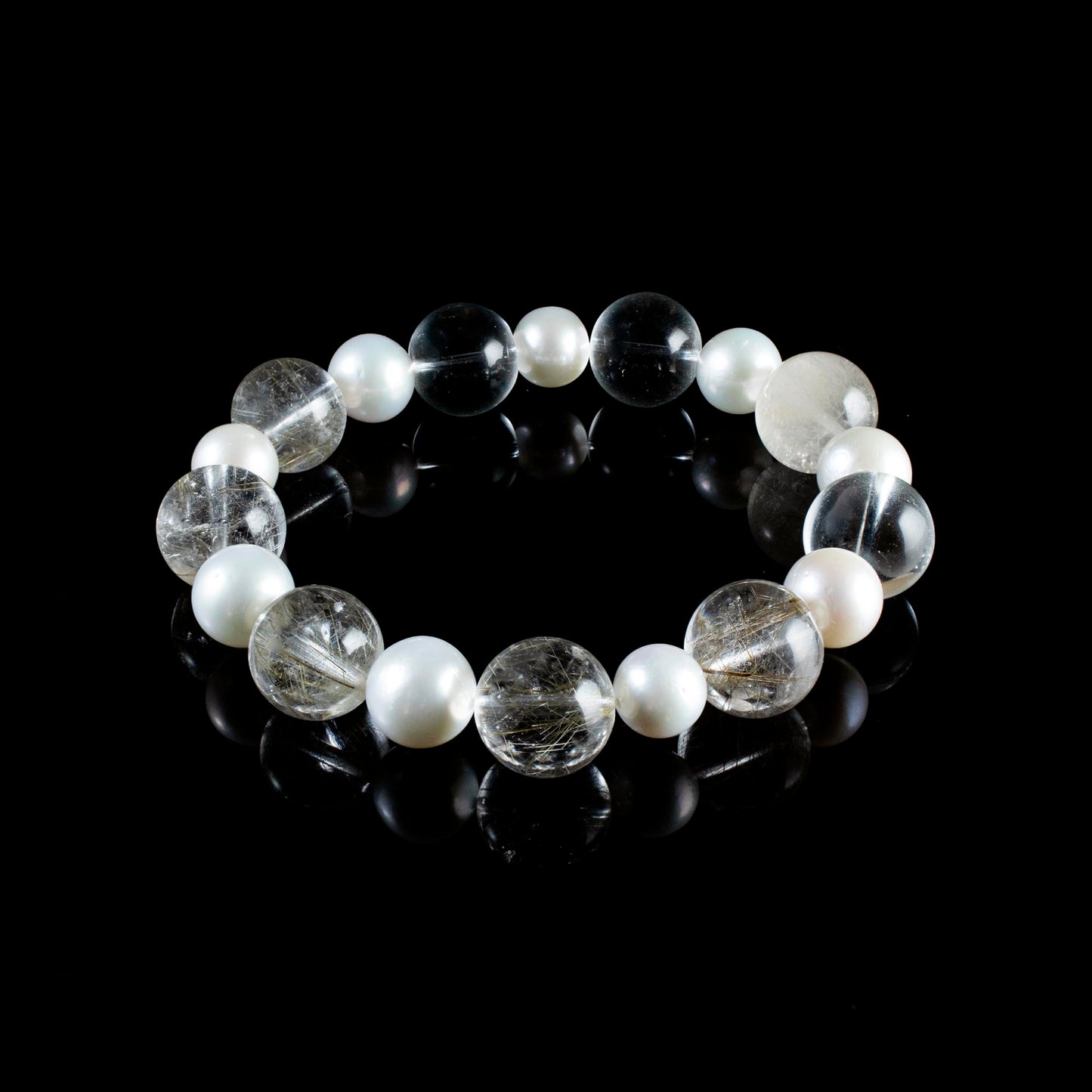 Auralyn Custom Silver Rutilated Quartz & Freshwater Pearl Bracelet, 13–14mm Rutile Quartz + 10mm Pearls, Handmade Energy Jewelry for Clarity & Elegant Glow